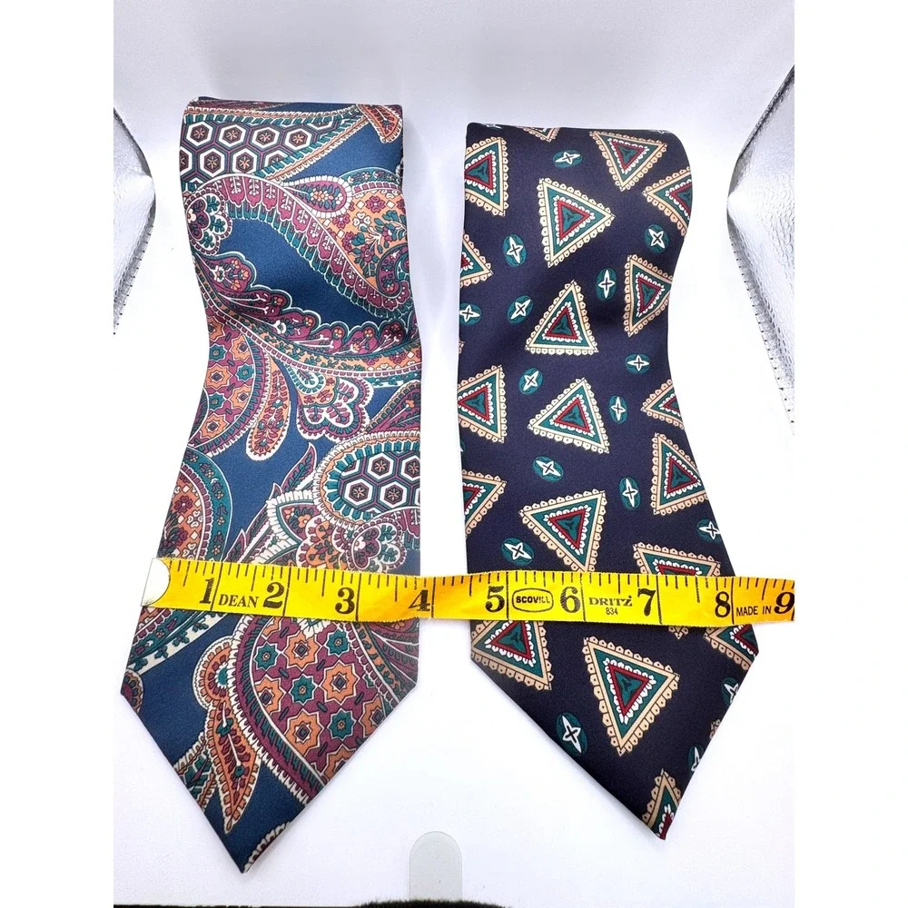 2 Italian All Silk Hand Made Neckties‎ Menswear Geometric & Paisley Pattern Ties